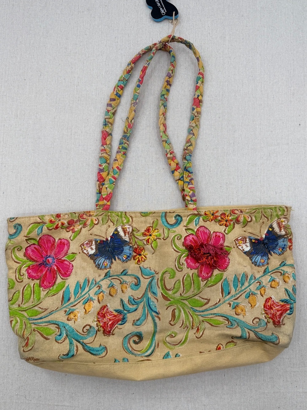 Kate McRostie Embroidered Floral & Butterfly Tote Bag - Pink, Blue & Green